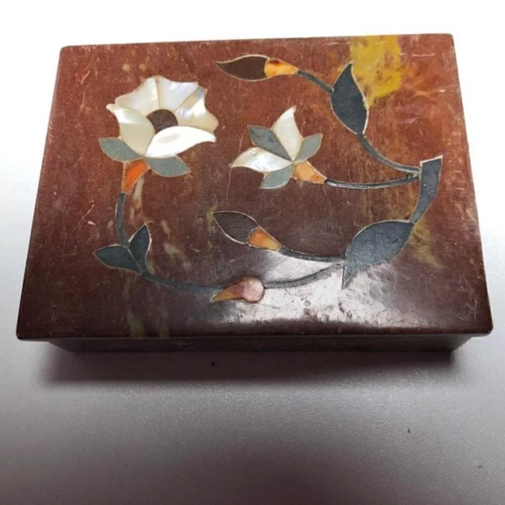 Hand Carved Stone Mother of Pearl Trinket Box